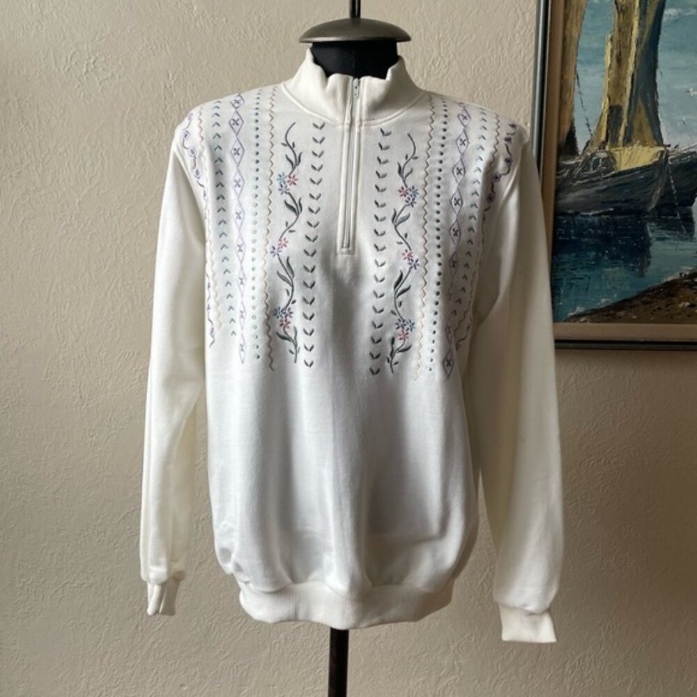 Vintage 80s embroidered cream poly cotton Tan Jay pullover sweater size small